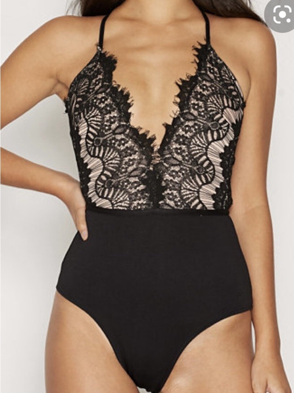 Rare London Black Lace Bodysuit with Nude Lining